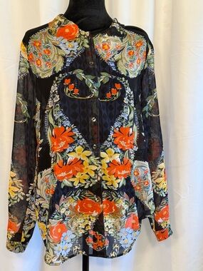 CAbi Amour Blouse-Floral Blouse in Black with Orange, Yellow & Blue Bloom Print
